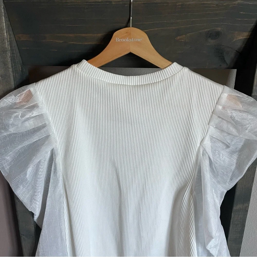 Anthropologie DOLAN Left Coast Puff-Sleeve Top Ribbed Knit Sheer Sleeve Sweater